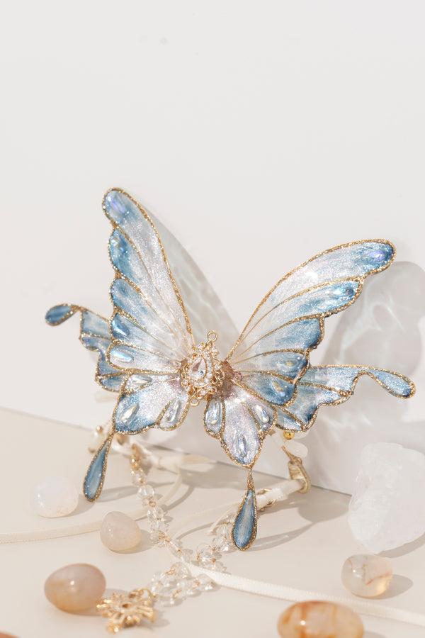 Feathered Ice Cloisonné Butterfly Hair Clip - Handmade Chinese Enamel Jewelry in Frosted Blue & Silver, Winter-Inspired Hair Accessory